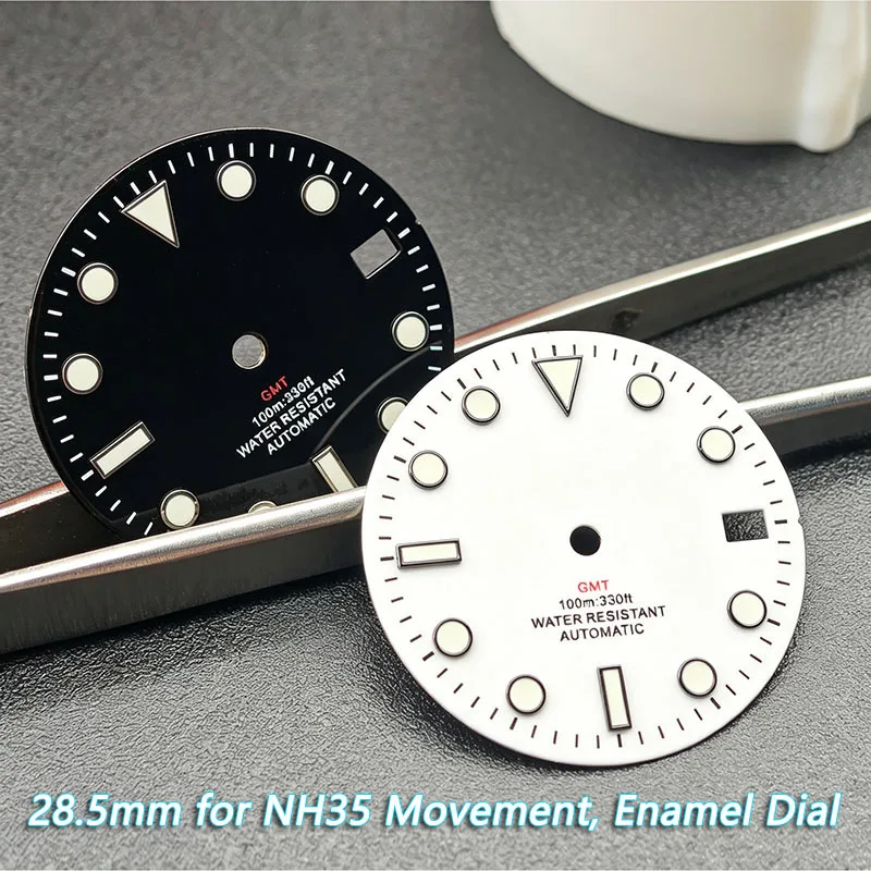 MechJazz 28.5mm GMT Enamel Watch Dial Fits NH35 Series Movement, BGW9 Luminous Single Calendar Replacement Parts