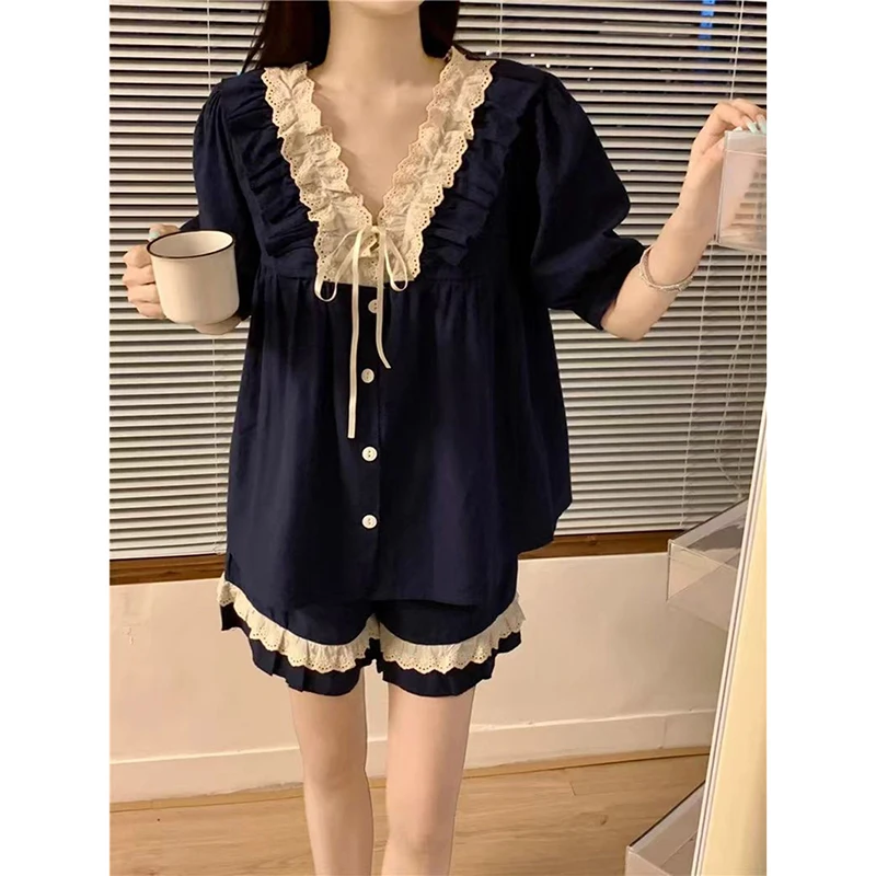 Lace Sleepwear Shorts Women V-neck Pajamas Sets Summer Ruffles Piiama Korean Button Night Wears 2 Pieces Home Suit  Pyjamas 2024