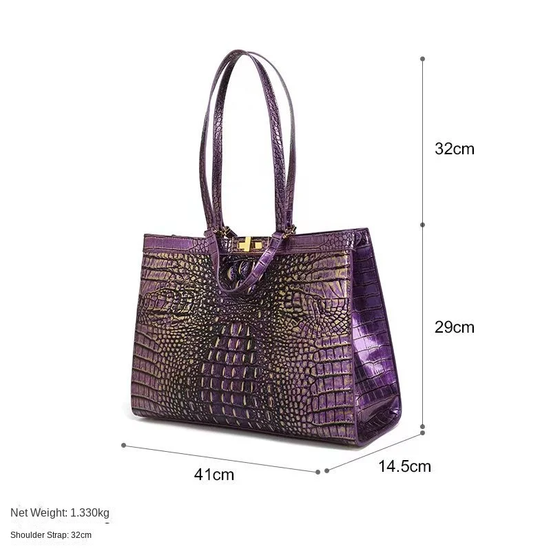 2023 Genuine Leather Women\'s Handbags Large Capacity Briefcase Crocodile Pattern Shoulder Tote Bag 14 Inch Laptop Commuter Bags