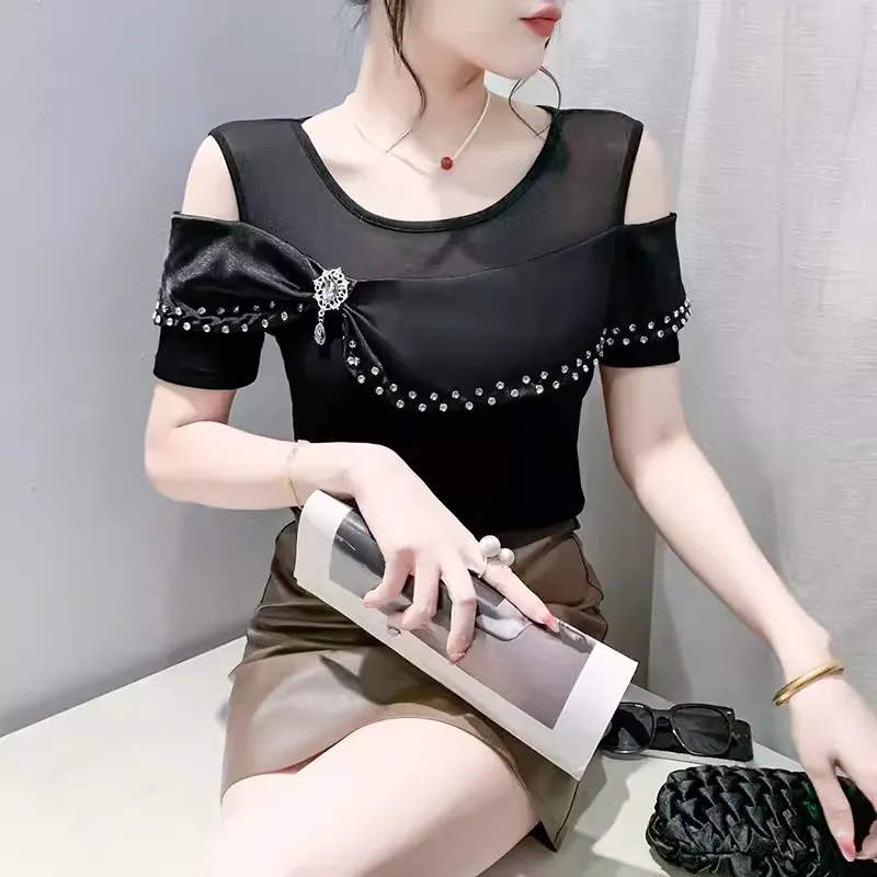 Design Luxury Diamonds Bow Top For Women Sexy Mesh Patchwork Off The Shoulder Short Sleeves Tees Female Korean Summer T-Shirt