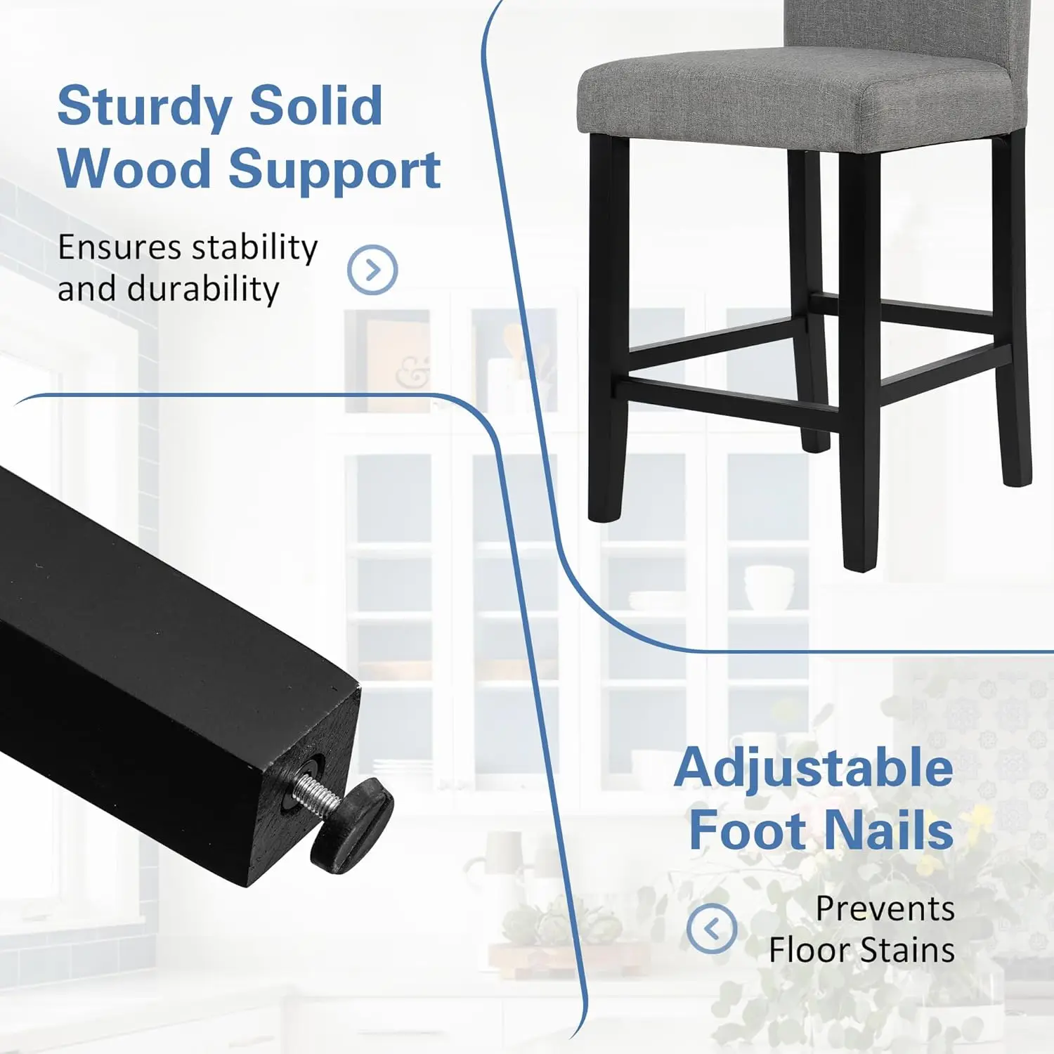 Barhocker, 2er-Set, 24,8 Zoll gepolstert, graue Thekenhöhe, moderne Barstühle aus Holz mit Rückenlehne