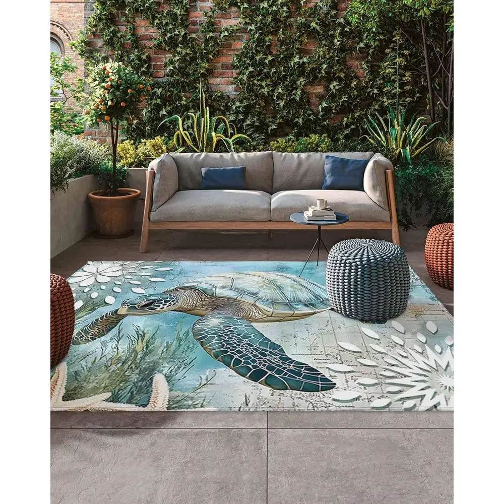 

Retro Sea Turtle Outdoor Rug, 5x8ft, Nautical Ocean Coral Map Design, Indoor/Outdoor Floor Mat for Patio, Deck, and Porch