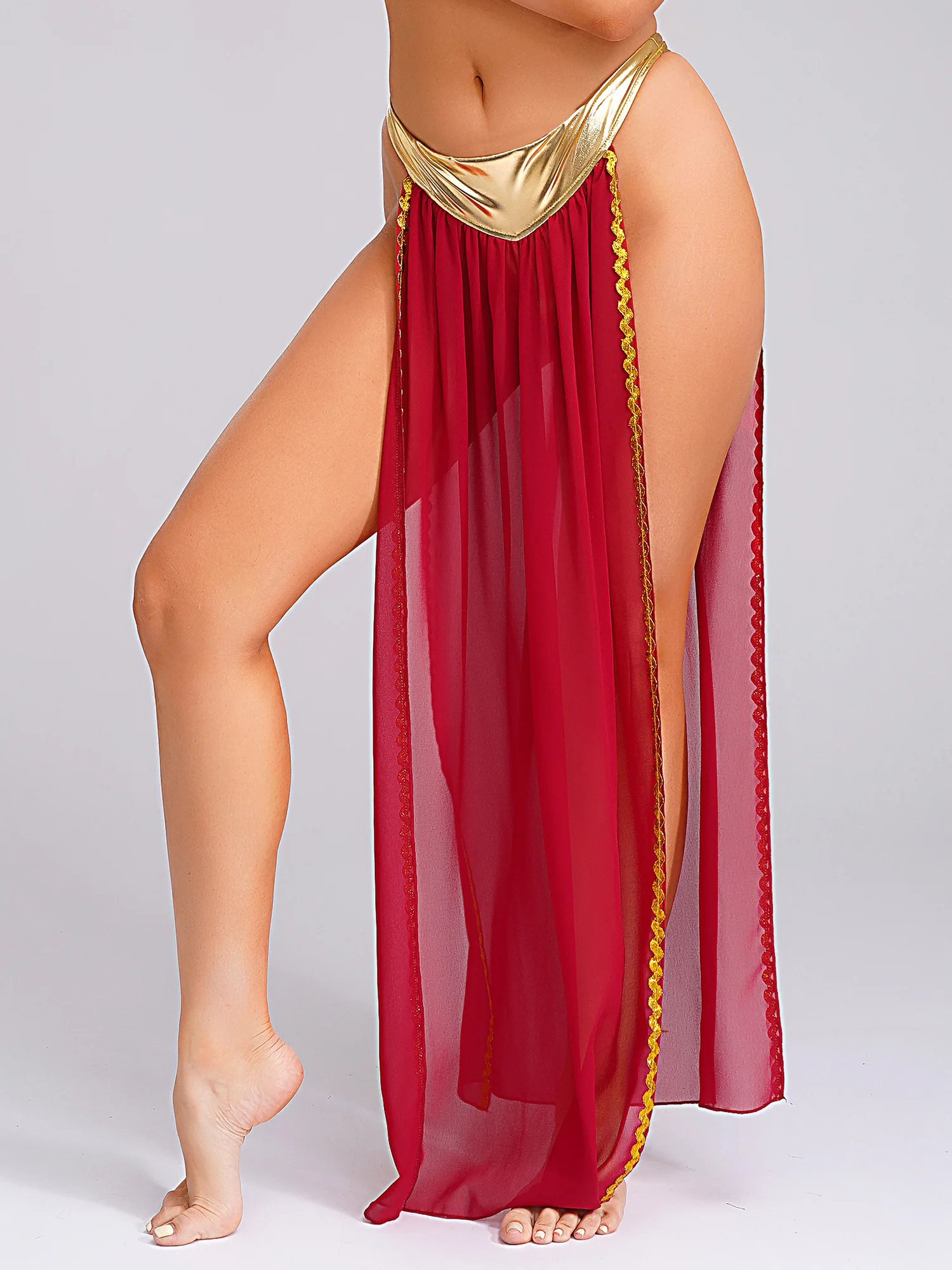 Saia feminina para cosplay da rainha egípcia antiga, cuecas metálicas brilhantes com saia de chiffon, acabamentos dourados, saia com fenda lateral para o dia das bruxas