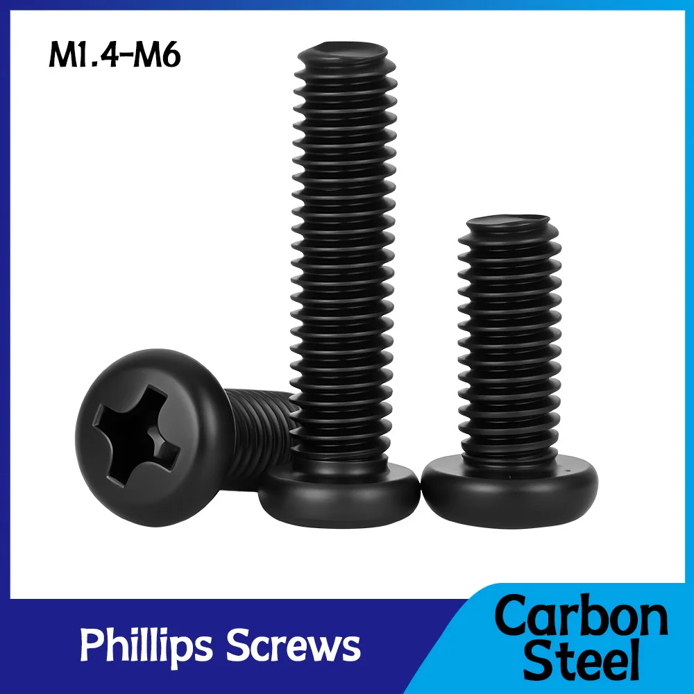 Schwarze Rundkopf-Phillips-Schrauben M1.4 M1.6 M2 M2.5 M3 M4 M5 M6 aus Kohlenstoffstahl mit Metrischem Gewinde, Kleine Kreuzschlitzschrauben, Metallbefestigungselemente