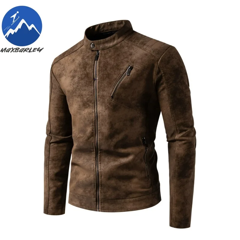 Maxbarley 2025 New Leather Jacket Top Layer Retro Tie Dye Leather Clothes Mens Stand Collar Motorcycle Riding Coat Autumn Youth