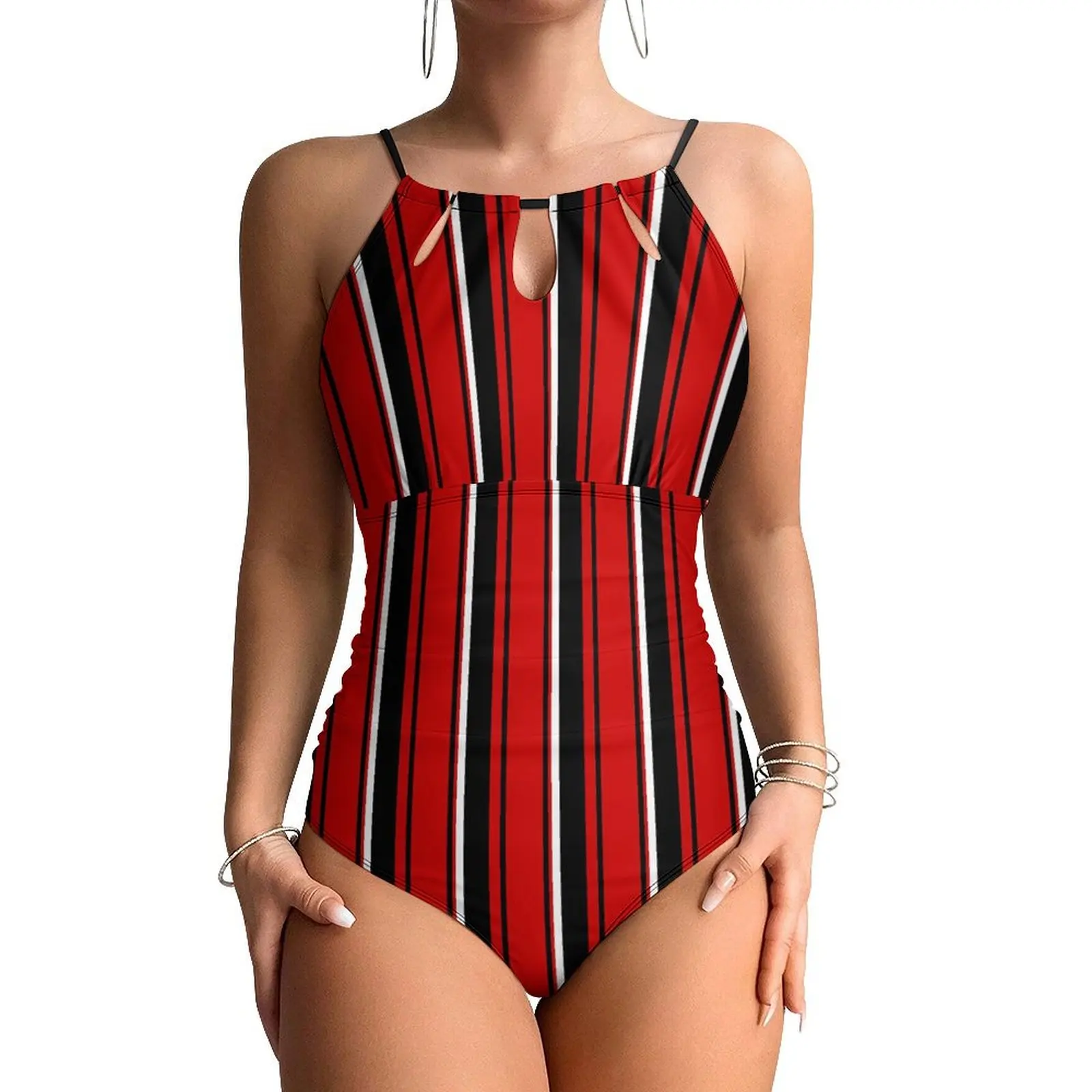 

Red And White Striped Swimsuit Sexy Striped Print Female Swimwear One-Piece Fashion Bodysuit Surfing Push Up Hollow Out Monokini