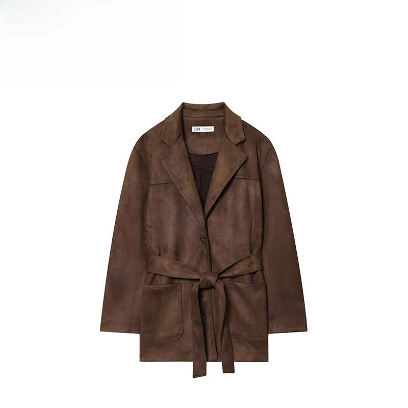 Dames herfstnieuwe Sle Jaet-jas met riem Imitatiesuède effect Losvallende polyester stof Normaal Sve-ontwerp Knoopsluiting