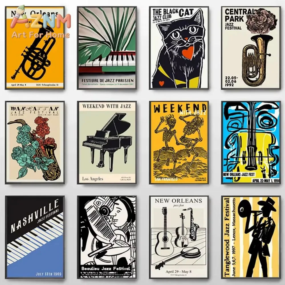 

1pc Jazz Festival Paris Chicago Retro Jazz Club Cat Instrument Art Poster Canvas Painting Wall Prints Picture Room Home Decor
