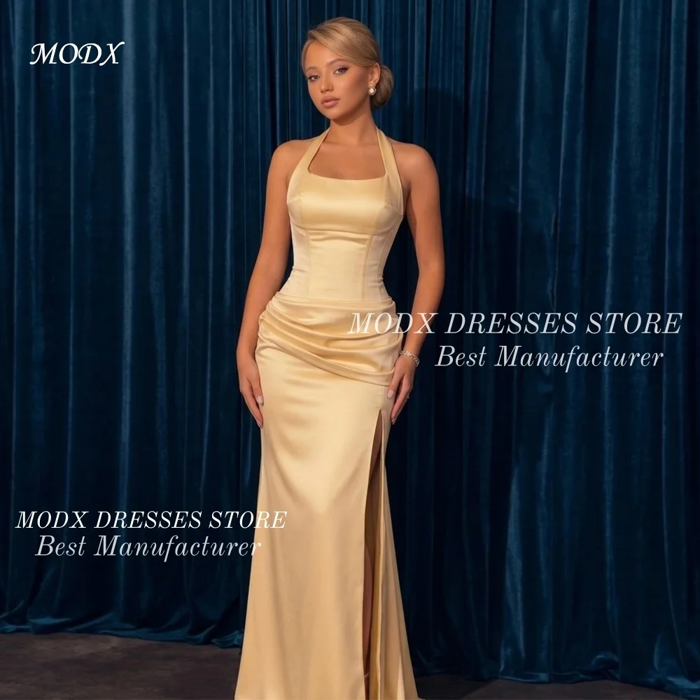 

MODX Elegant Gold Satin Halter Neck Wedding Dress Corset Waist High Slit Mermaid Bridal Gown for Formal Evening Party 2026
