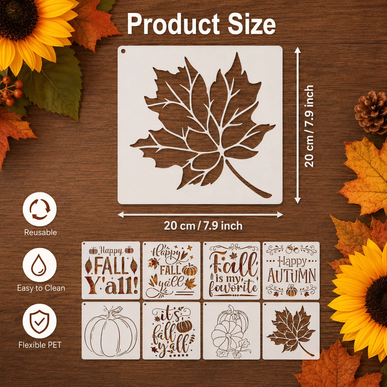 9Pcs Fall Stencils Reusable PET Painting Templates Autumn Pumpkin Maple Leaf Stencil Set for Wall Wood Fabric DIY Decor
