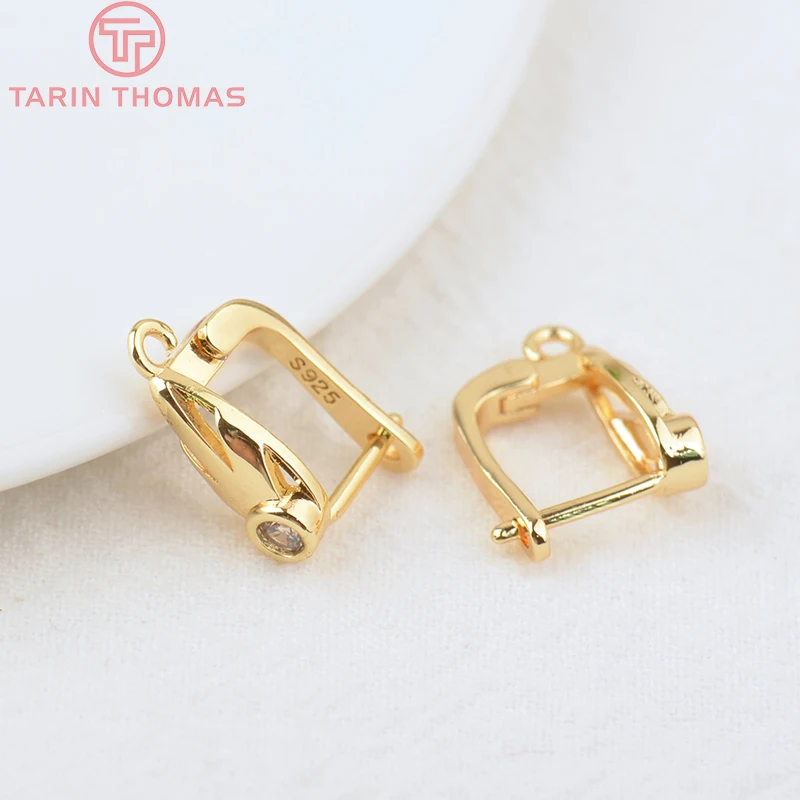 (2226)4PCS 12x13MM Hole 2MM 24K Gold Color Brass with Zircon Earring Clasp High Quality DIY Jewelry Making Findings Accessories