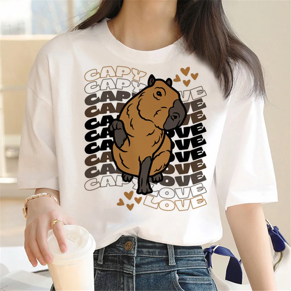 HX Funny Animal Capybara T-Shirt Capy Love Sticker Printed T-Shirt Summer Short Sleeve Tees Streetwear Women Clothes S-7XL