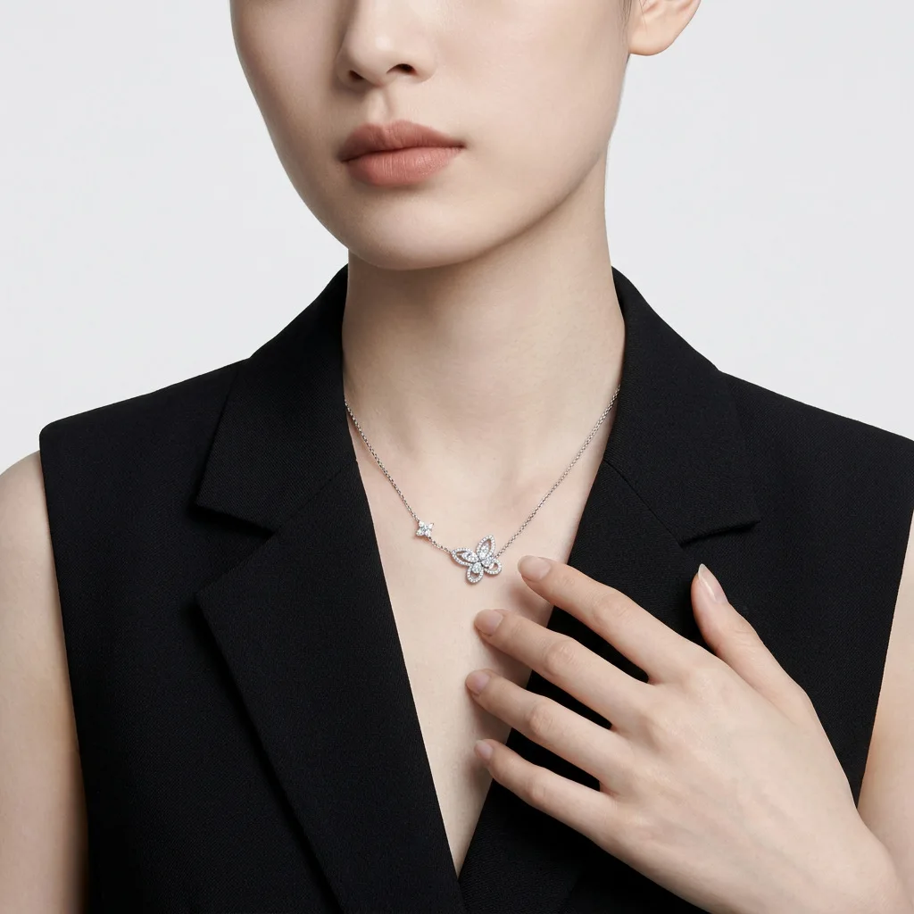 Moissanite Butterfly‑Flower Pendant Necklace 925 Sterling Silver Commuter Clavicle Chain Engagement Daily Jewelry For Women