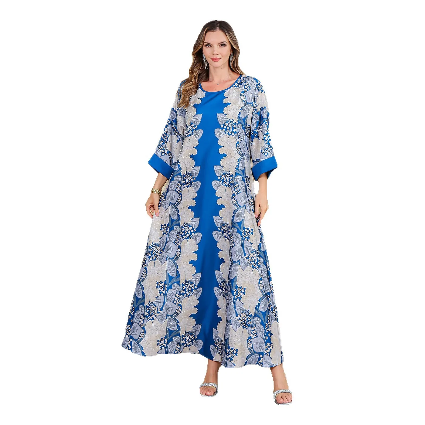 Verão novo muçulmano impresso strass vestido longo oriente médio vestido elegante feminino abaya robe