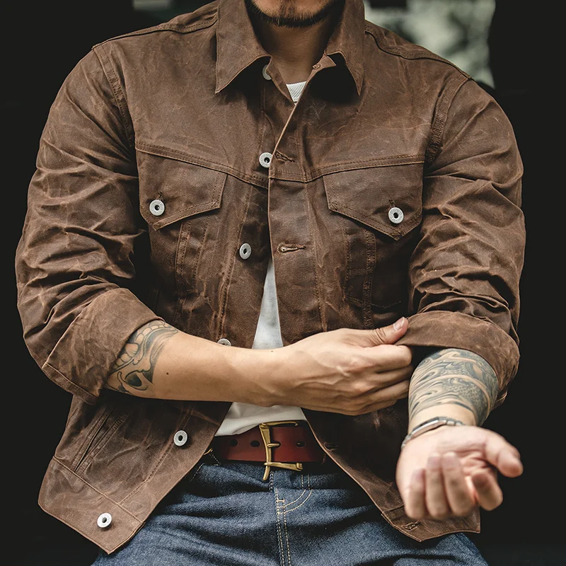 Maden Chaqueta Pesada de Tela Retro Oil Waxed para Hombres, Camuflaje Impermeable de Caza, Chaqueta de Otoño Khaki para Trabajo Casual con Estilo Safari