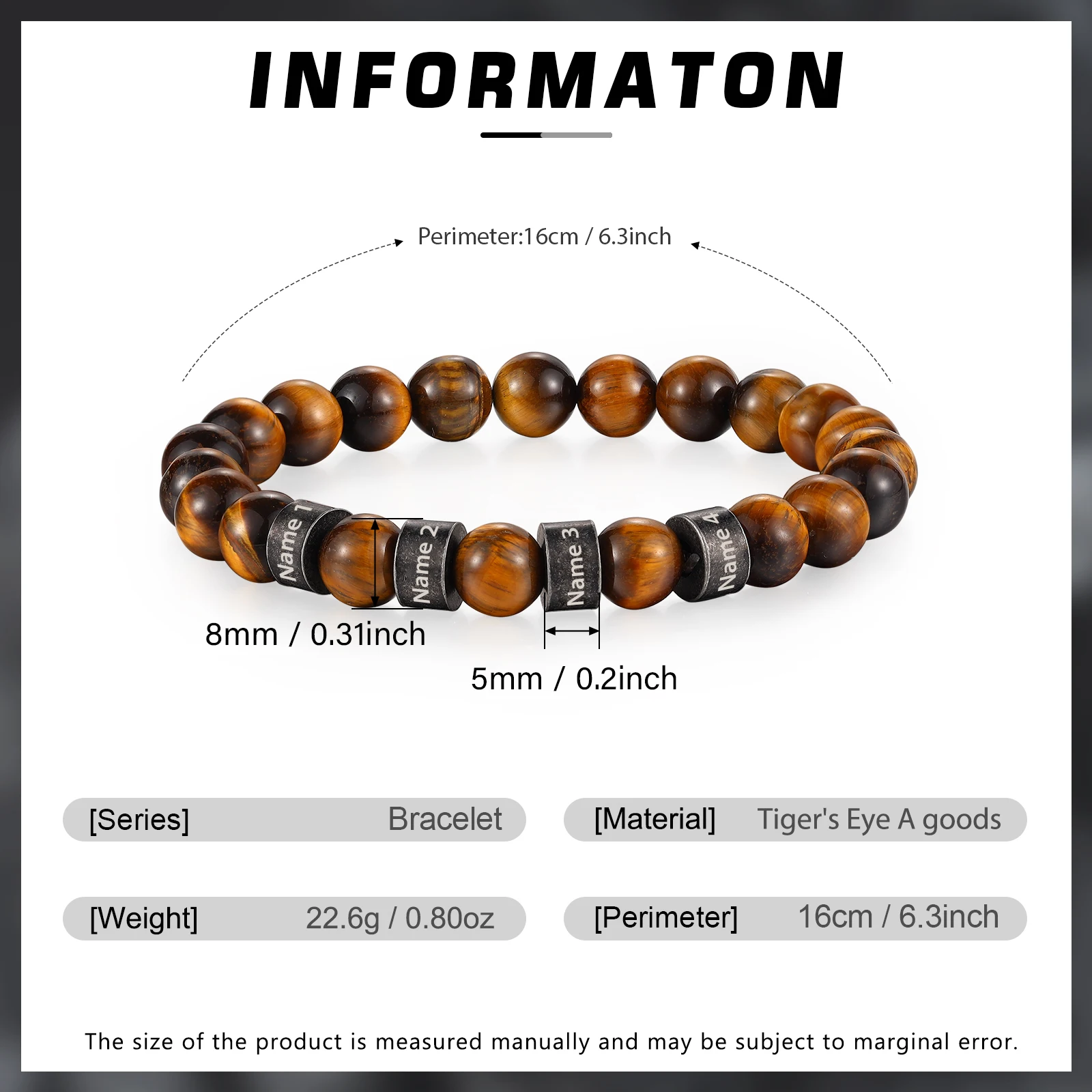 Personalized Engraving Bracelet with 1-5 Name Beads Vintage Customized Tiger Eye Stone Bracelets Men Jewelry Gift for Dad Father