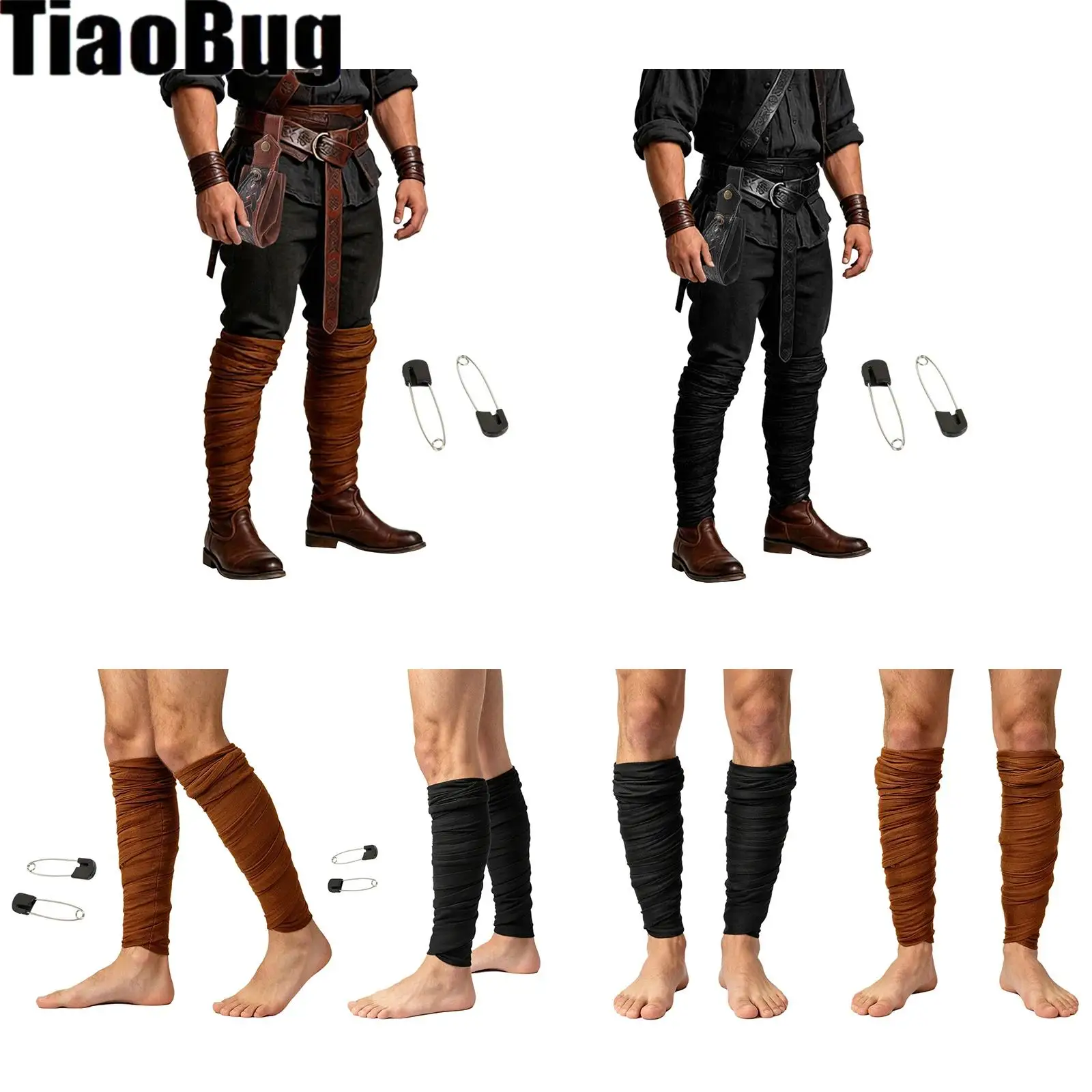 Medieval Pirate Leg Wraps with Safety Pins And Faux Leather Belt Pouch Cosplay Costume Accessories for Halloween Themed Party