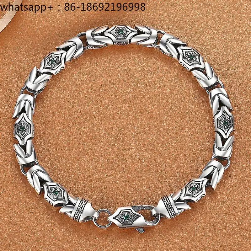 Men's Silver Bracelet Safety Pattern Retro Personality Trendy Men Hip Hop Ethnic Bluestone Jewelry