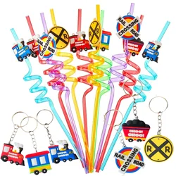 Train Birthday Straws Train Keychain Reusable Plastic Straws Drink Cocktail with Cartoon Decoration Birthday Party Supplies Gift