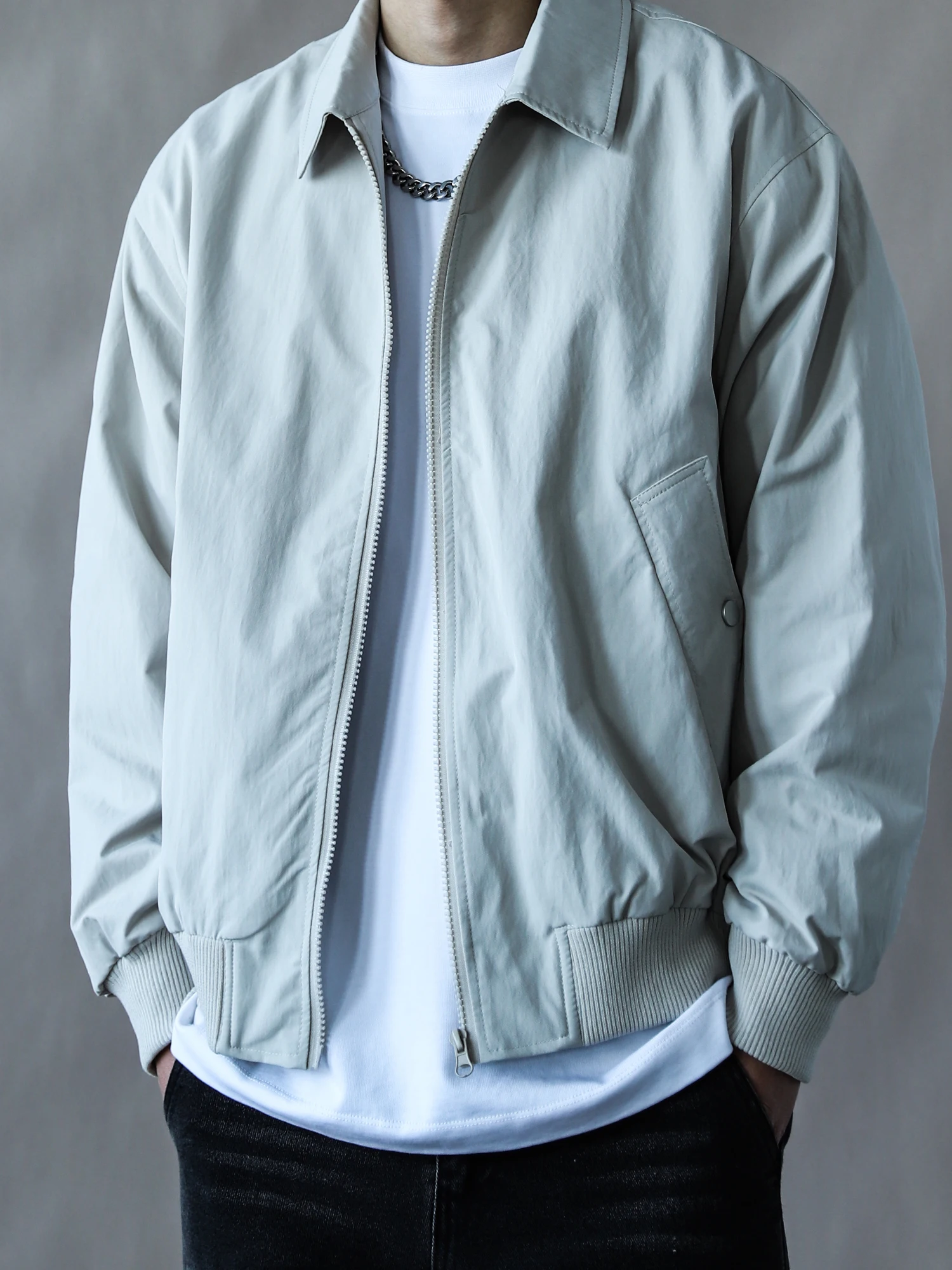 

American Retro Work Jaet Men's Lapel Loose Outerwear Young Casual Top 2026 Spring Autumn ey White Long Sve Zipper Poly...