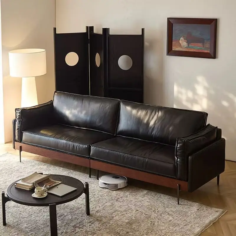 French retro style, small apartment living room, creative homestay, straight oil wax leather sofa