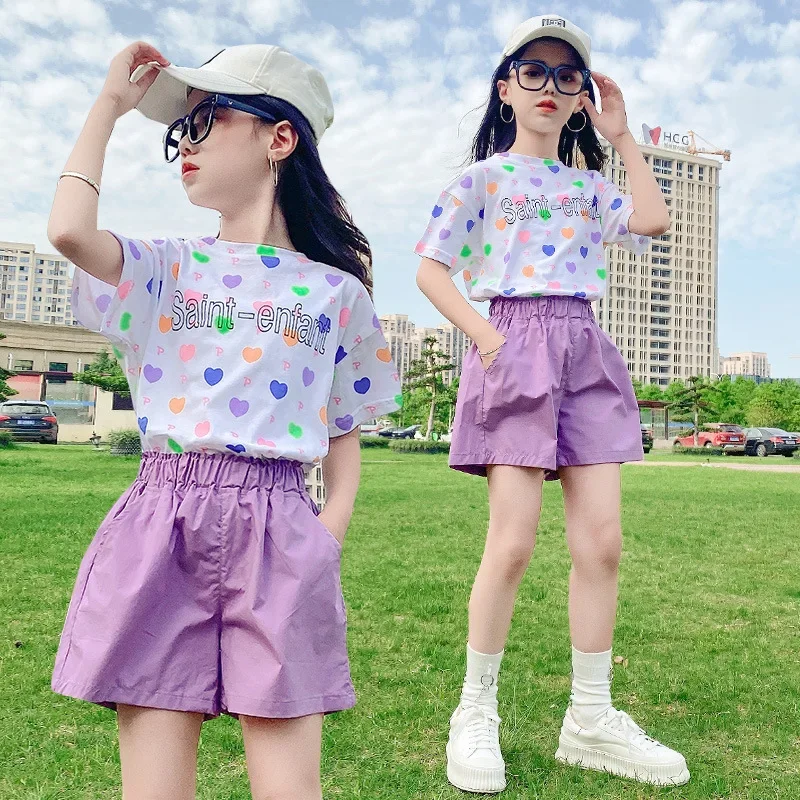 Teenager Girls Suit 2-piece Summer Love Print Short-sleeved Shorts New Children\'s Clothes for Casual Outer Wear Children\'s Sets