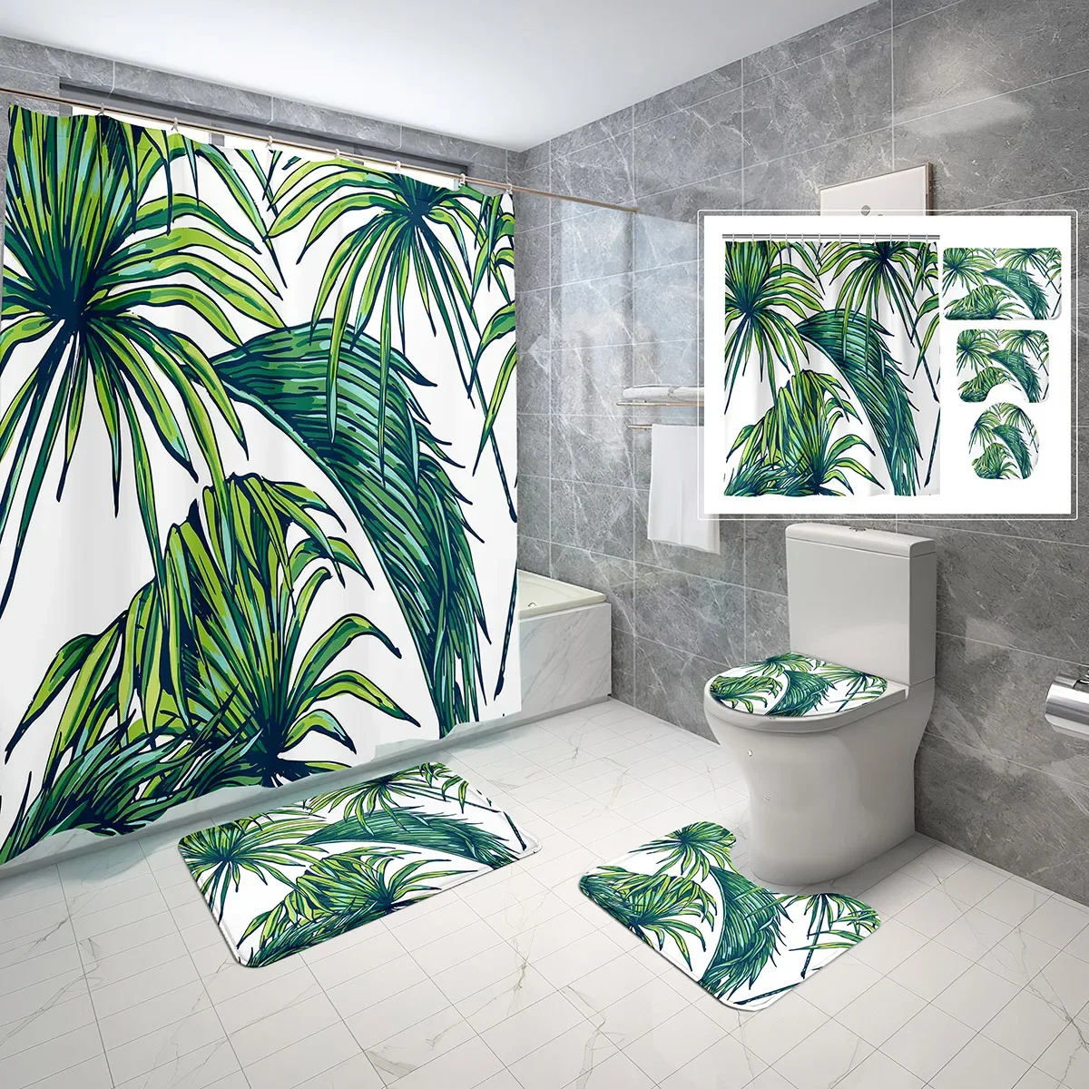 4 Piece Tropical Palm Leaf Shower Curtain Sets Green Plant with Non-Slip Rugs Toilet Lid Cover and Waterproof Shower Curtain Set