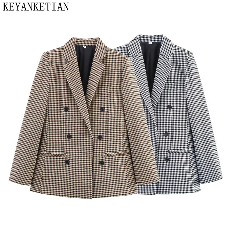 

KEYANKETIAN Autumn New Women's Clothing British Style Double Breasted Small Grid Patterned Suit Office Suit Jacket for Women