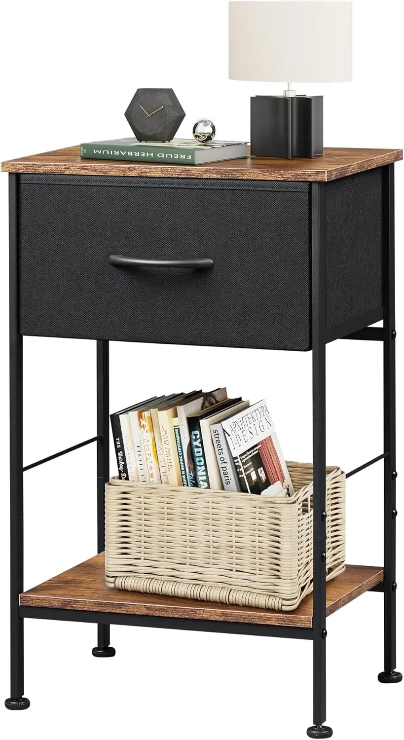 

WLIVE Nightstand, End Table with Fabric Storage Drawer and Open Wood Shelf, Bedside Furniture with Steel Frame, Side Table