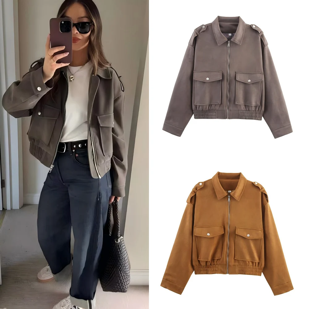 

Women's new fashion flap pocket decoration casual suede Leather texture jacket retro long sleeved zipper women's jacket chic top