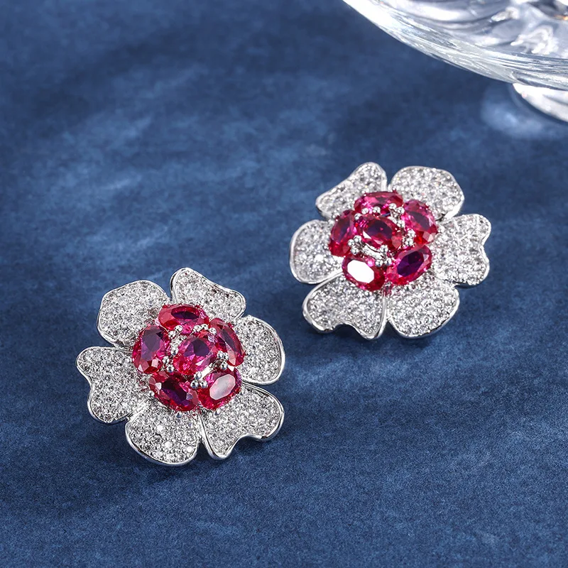 

S925 Silver Needle Red Crystal Flower Earring for Women Jewelry Luxury Dance Party Wedding Anniversary Gift Dress Accessory