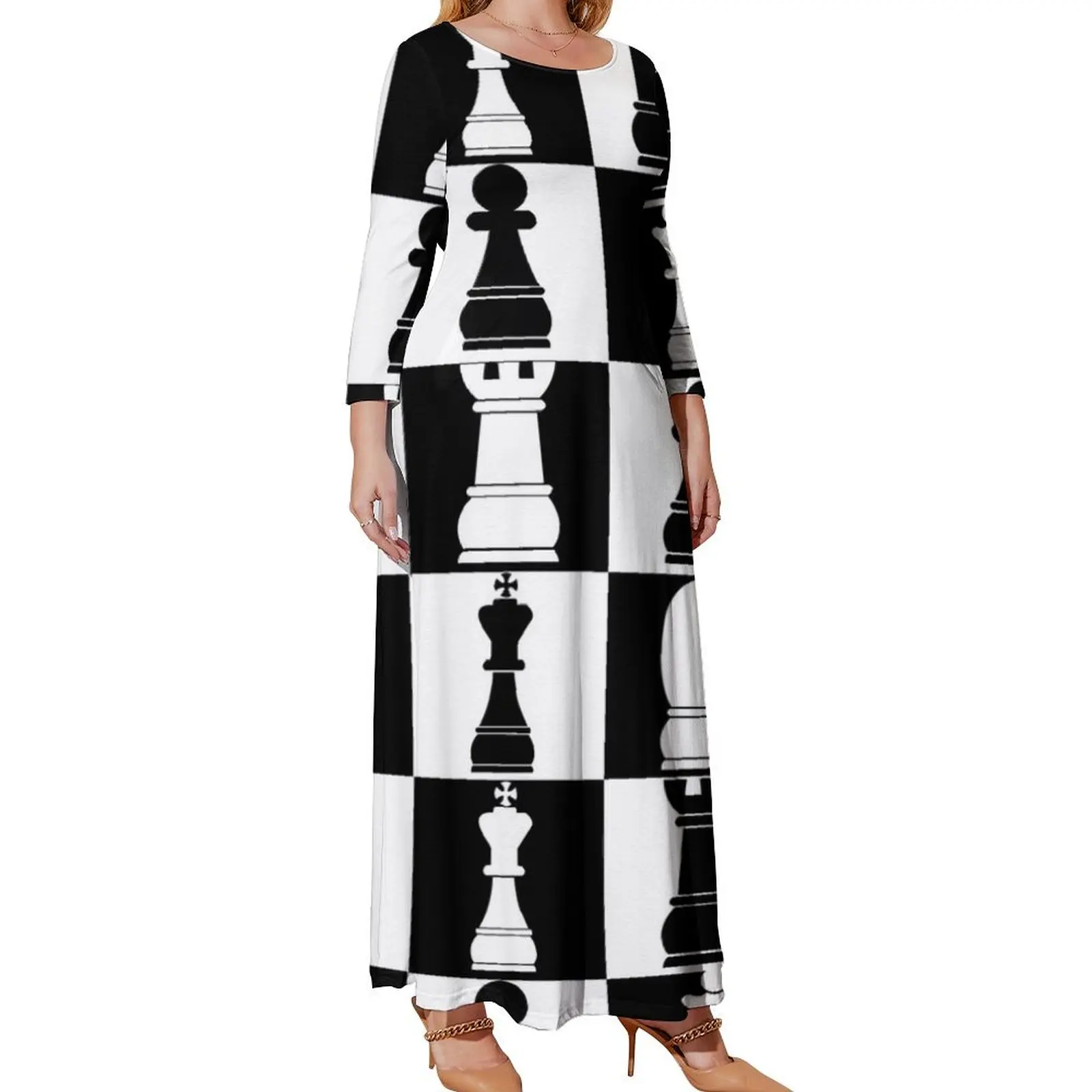 

Black and White Chess Board Print Pattern Long Sleeved Dress african dresses for woman dresses for women 2024