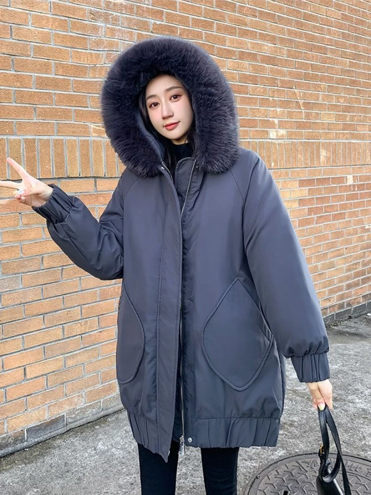 

Зима 2025 г., новинка, женское пуховое пальто, тяжелая куртка средней длины с пышным капюшоном, удобная теплая куртка