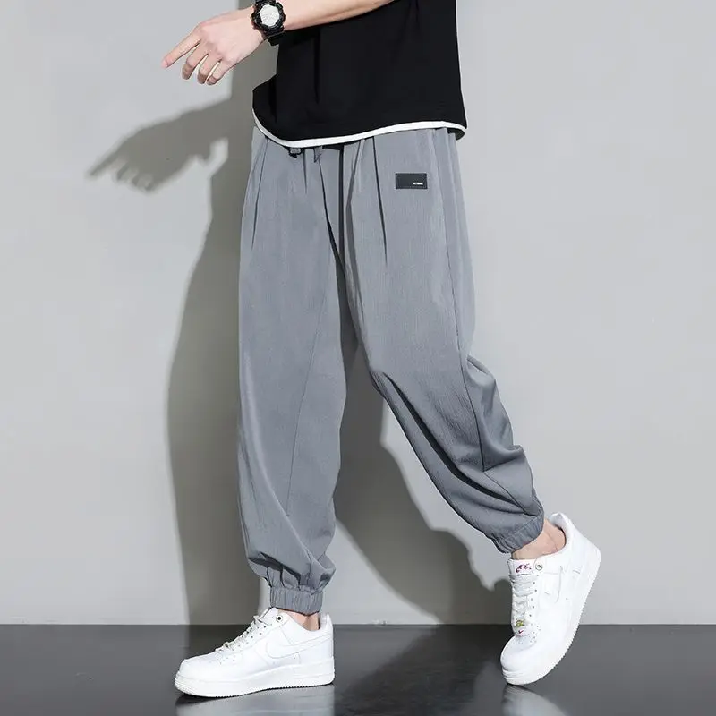 Thin Ice Silk Pants for Men Summer Trendy Brand Loose Tying Feet Versatile Casual Nine-point Pants