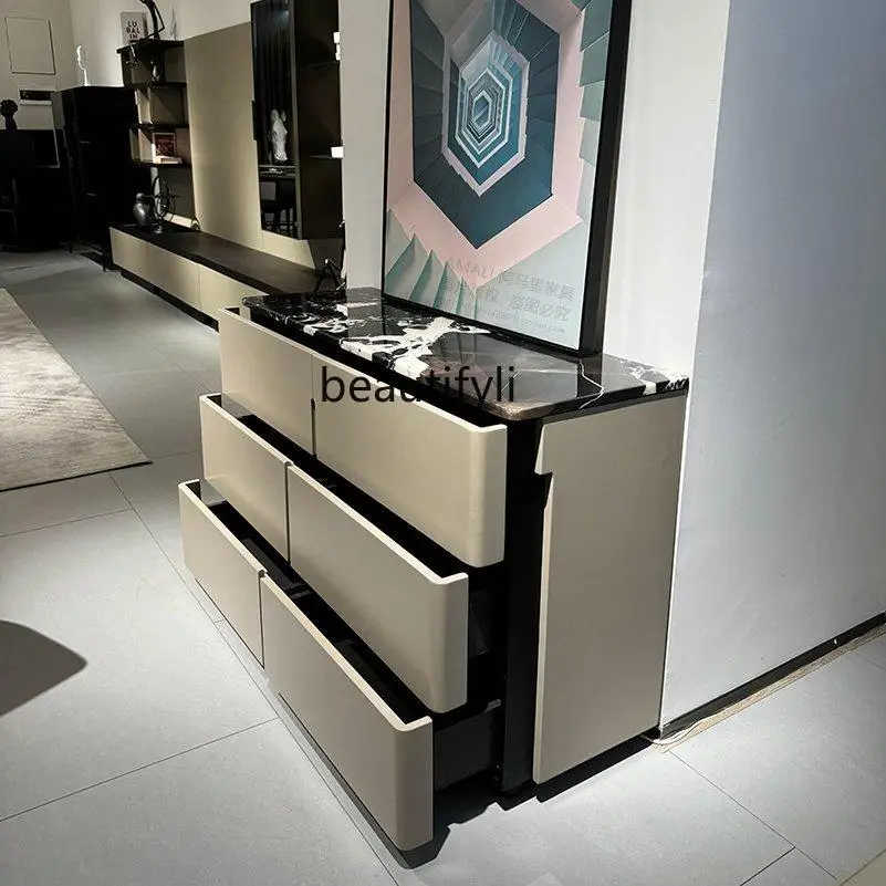 Black marble luxury stone surface lacquered dining cabinet storage six chest cabinet Italian minimalist porch cabinet