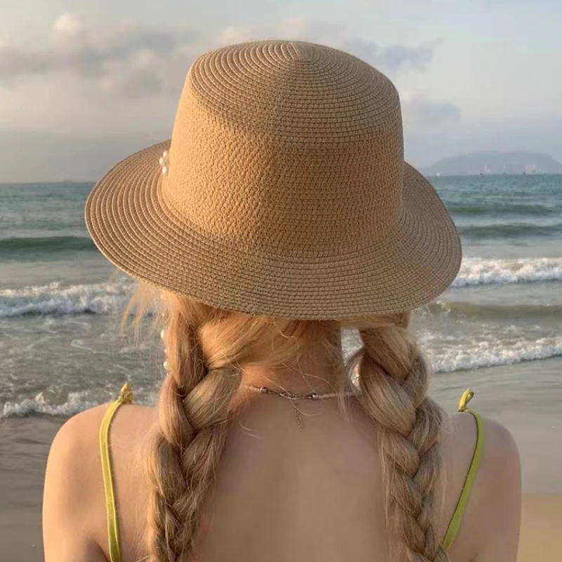 Women Summer Straw Fashion Sun Hats Panama Elegant Straw Fedoras Lady Girl Outdoor Vacation with Pearl Chain Sunshade Beach Hat