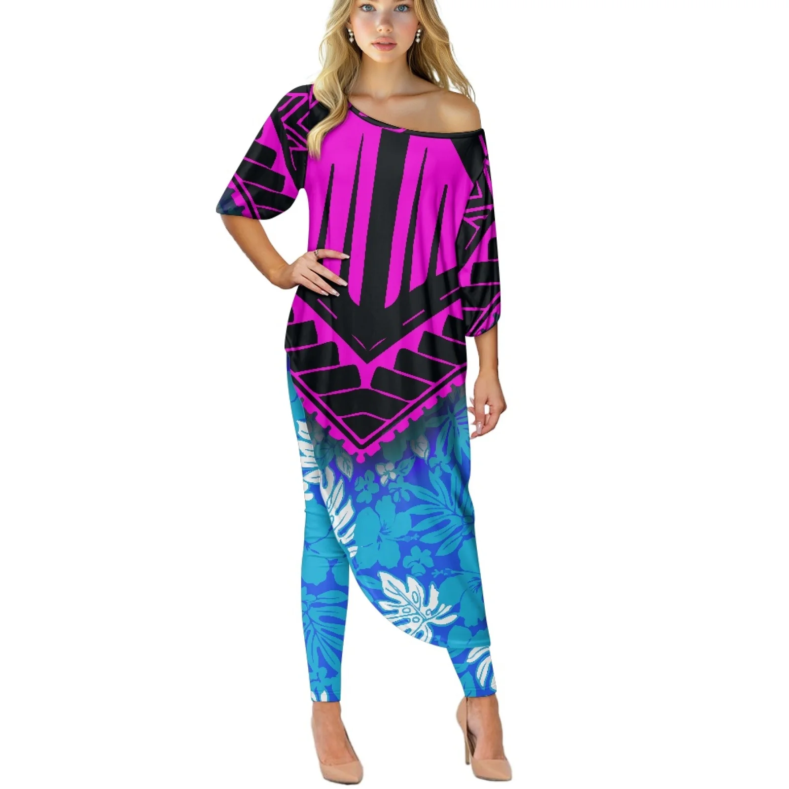 

Polynesian Tribal Prints New Women Elegant Sexy Irreguiar OffShoulder Tops And High Waist Leg Long Pant Vacation Two-piece Suits