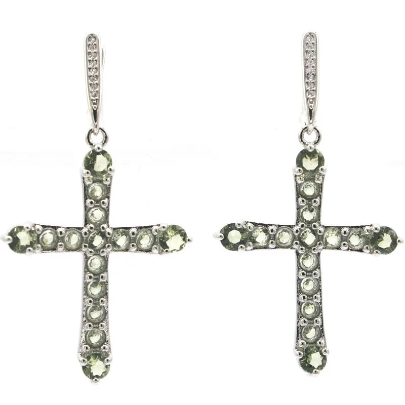 

52x27mm 7.6g Classic Long Cross Pink Morganite Green Amethyst CZ Daily Wear Silver Dangle Earrings