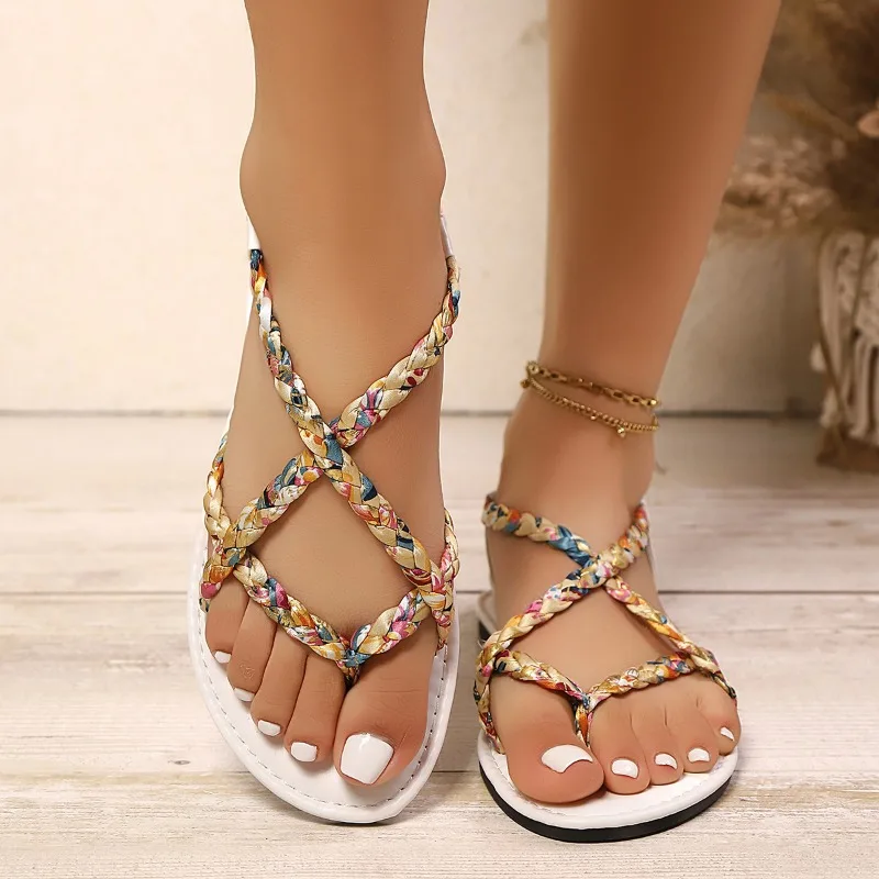 2025 New Women Beach Woven Hollow Sandals Women Flats Casual Clip Toe Sandals Summer Fashion Walking Dress Femme Slides view 2