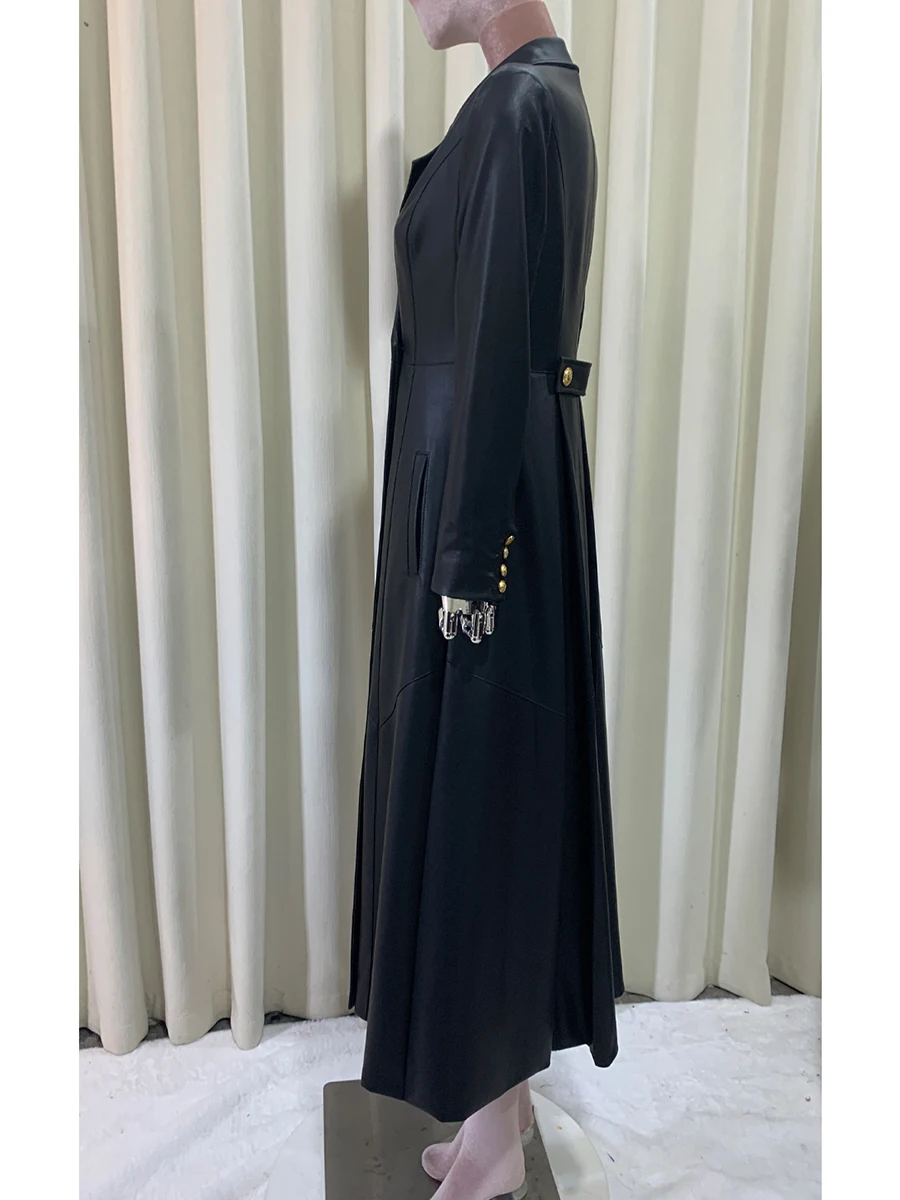 Automne Long rouge noir Pu cuir manteau pour femmes Double boutonnage élégant luxe Chic grande taille vêtements Faux cuir pardessus 2025