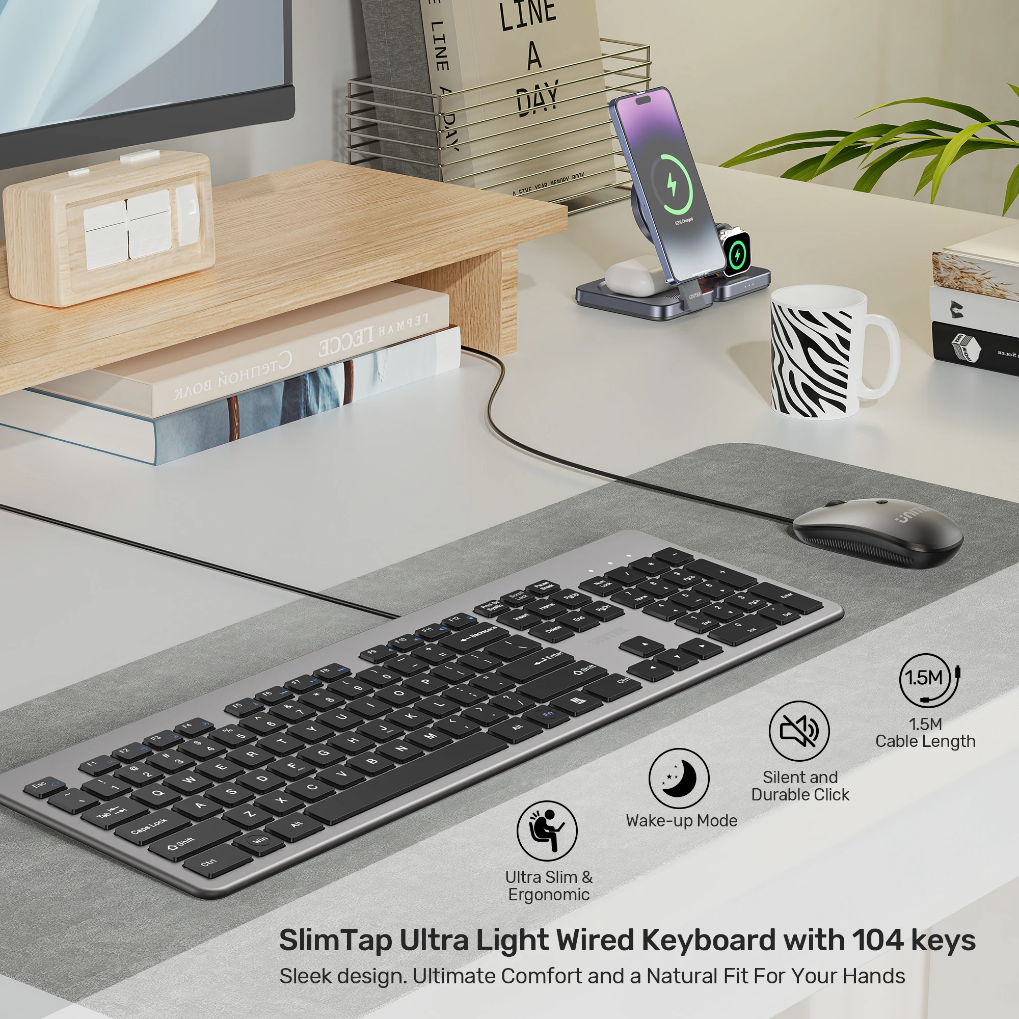 UNITEK 104 Keys Ultra Slim Wired Keyboard Silent Scissor Switch Ergonomic USB-A LED Wake-Up Function for Office Home PC Laptop