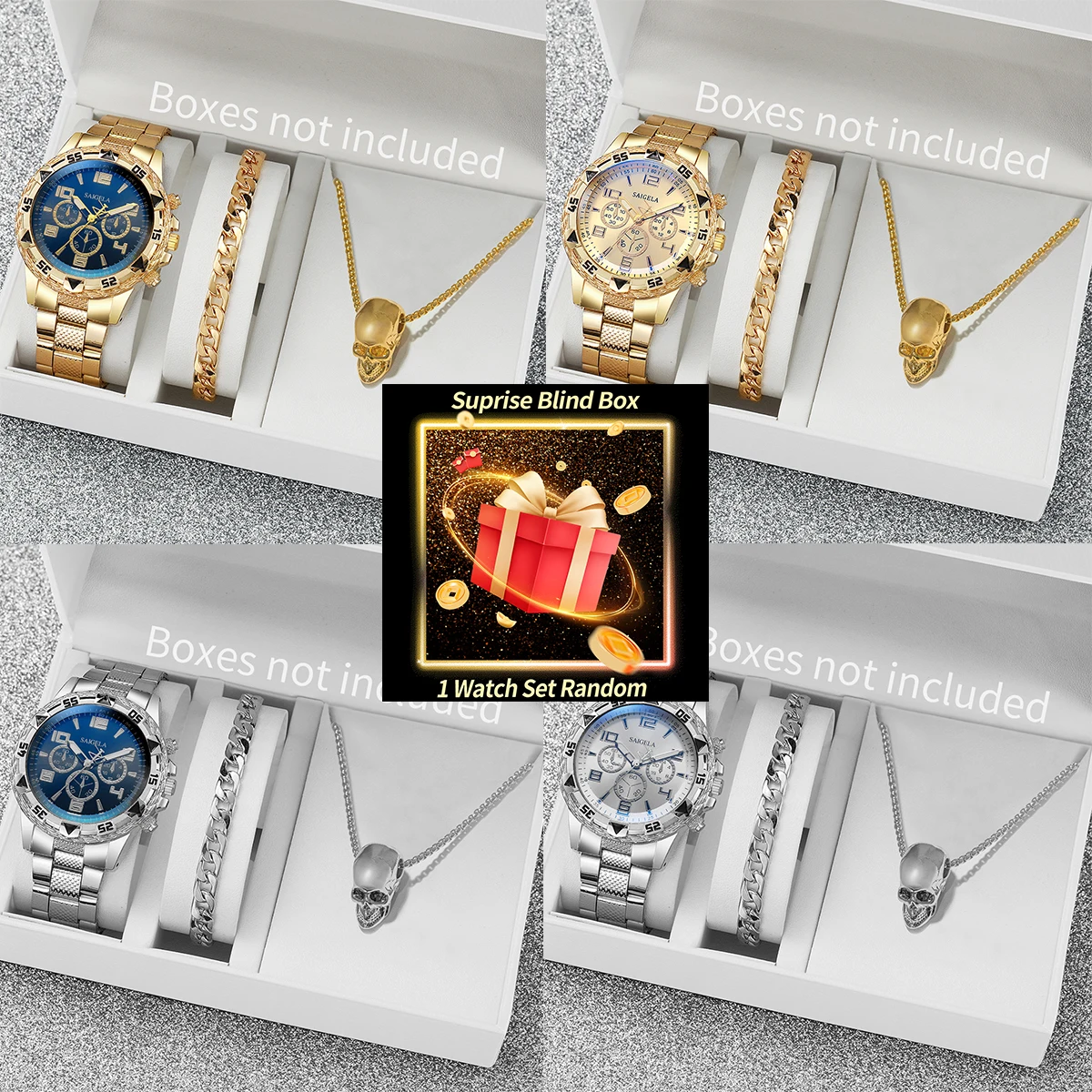 เซ็ตนาฬิกาปริศนาเซอร์ไพรส์กล่องตาบอด-3 ชิ้น/เซ็ตนาฬิกาธุรกิจผู้ชายแฟชั่นสายเหล็กนาฬิกาควอตซ์ชุดเครื่องประดับ (ไม่มีกล่อง)