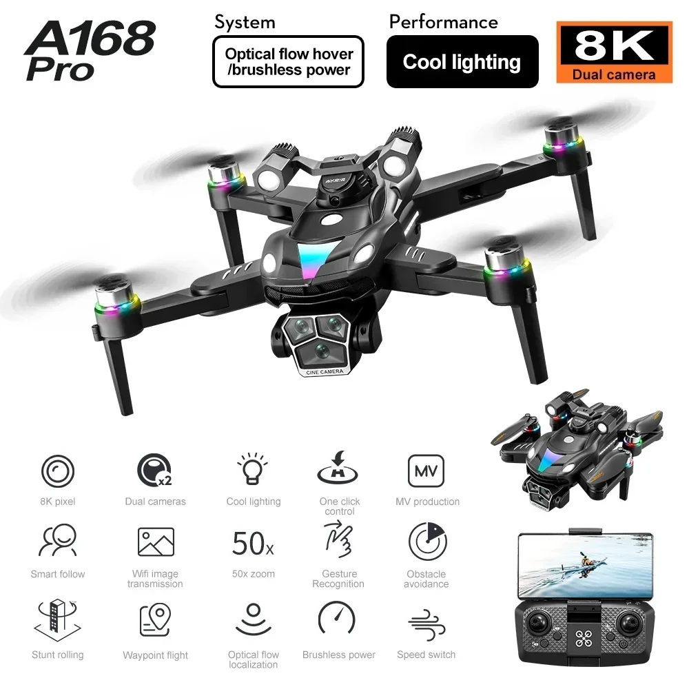 

A168PRO Drone 8K HD Dual Camera Drone Brushless Folding Quadcopter Optical Flow Positioning Aerial Photography Drone Toy