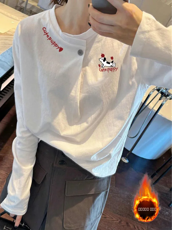 Thiened Fce Warmth Hoodie Long Sve Women's Sweatirt Autumn Winter Cartoon Print Korean Sle round Ne Pullover Top