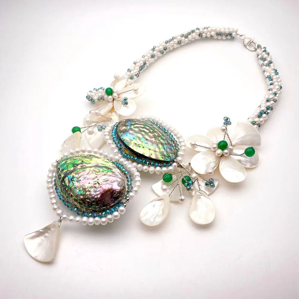 Y·YING Cultured White Pearl Abalone Shell Statement Necklace Real Pearl Shell Flower Necklace Jewelry Gift