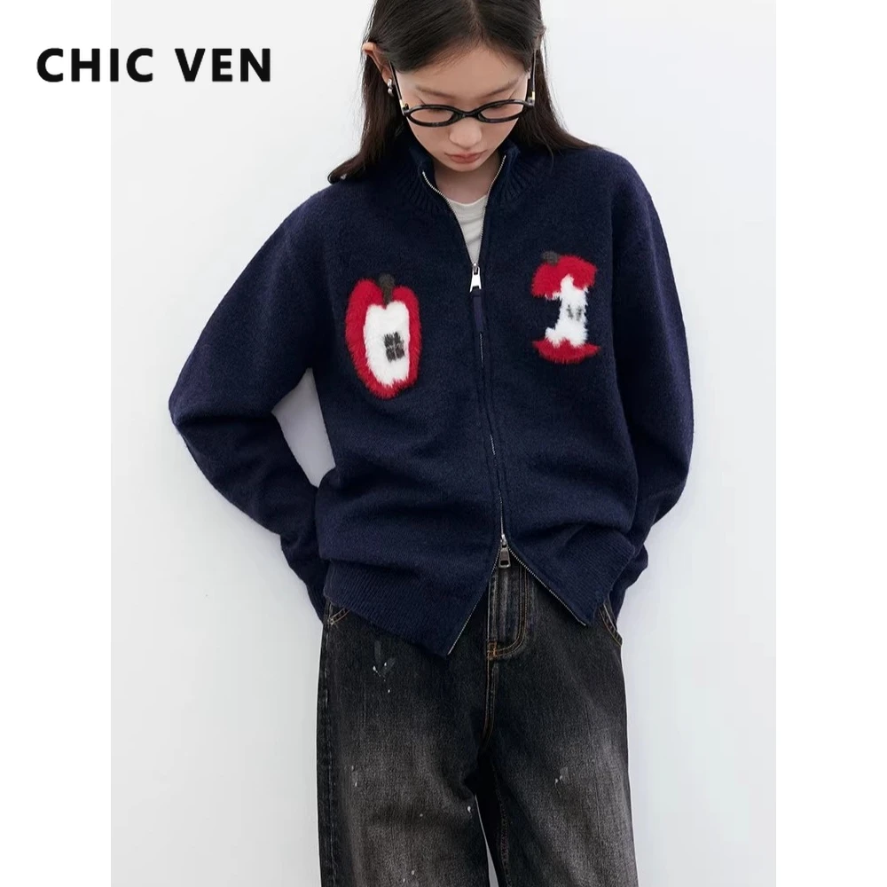 

ШИКАРНЫЙ VEN, новый женский кардиган, свободный повседневный новый жаккардовый свитер на молнии Apple, женские вязаные свитера, осень-зима 2025