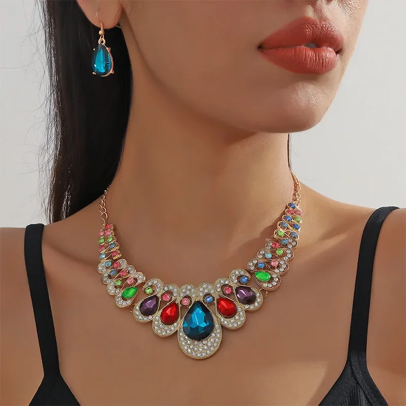 Water Drop Faux Gem Pendant Necklace Earrings Jewelry Accessory Necklace Earrings Wedding Bridal Crystal Stone Jewelry Sets