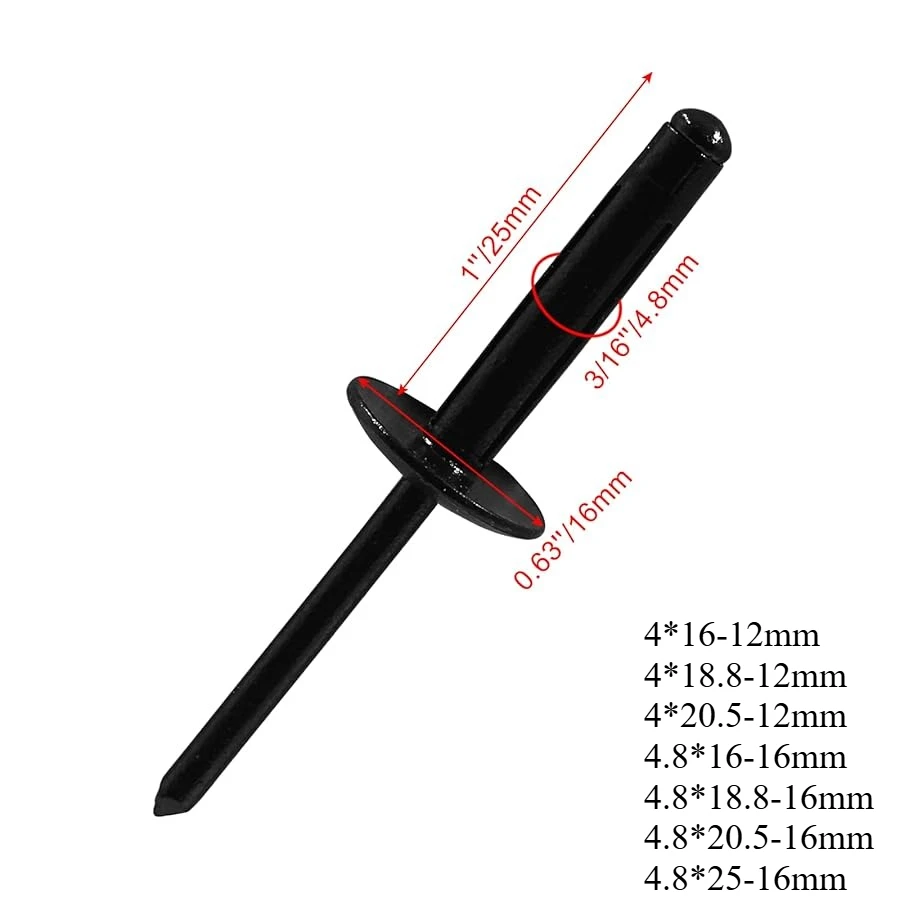 50 pezzi completamente in alluminio verniciato nero tri-fold esplosione rivetti pop flangia grande blub rivetto cieco interni auto condizionatore d'aria