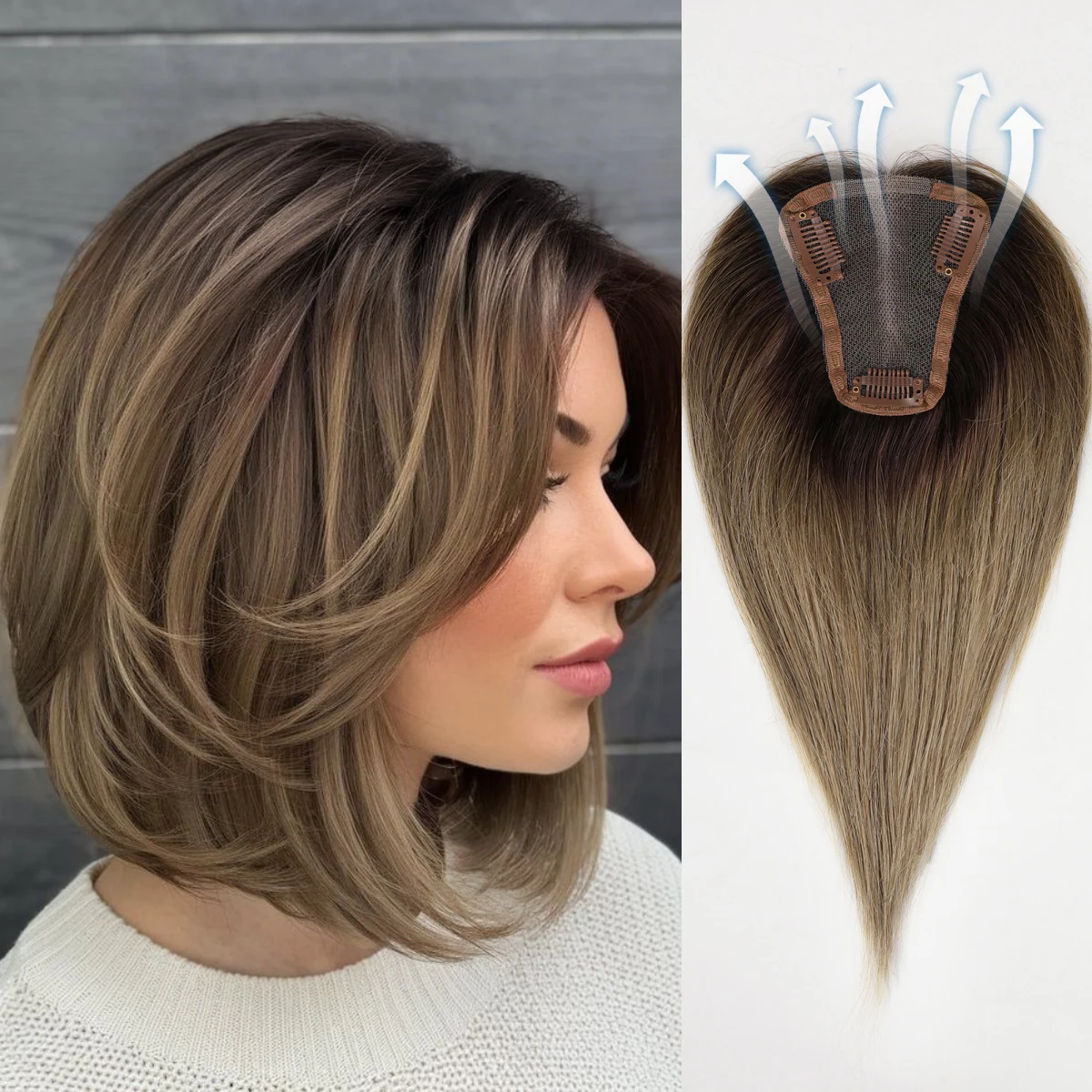 12 Polegada 100% remy cabelo topper marrom ombre parte média extensões de cabelo base de renda para mulheres com clipes peças para desbaste cabelo