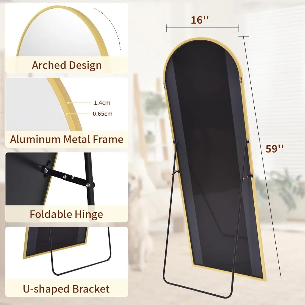 Espejo de piso arqueado de longitud completa con marco de aluminio, espejo colgado o montado en la pared de 59 "x 16" para decoración del hogar y moda